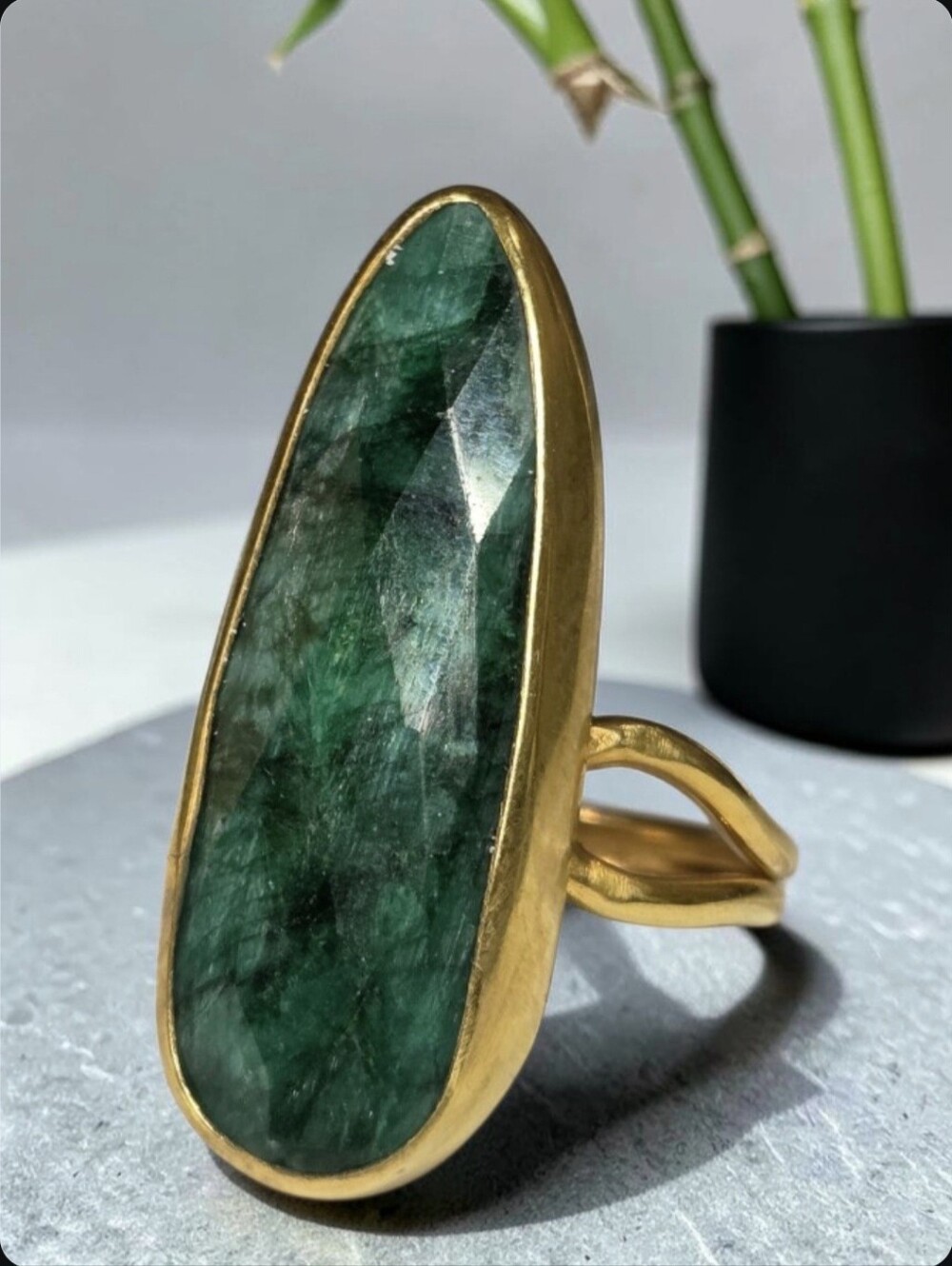 18k Gold Plated Artisan Natural Emerald Beveled Statement Ring